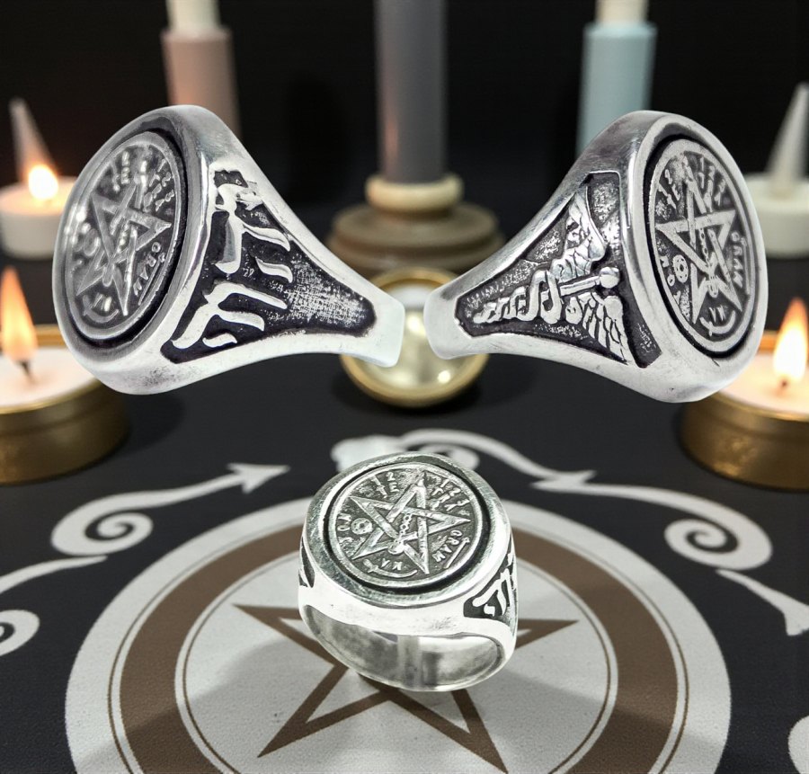 Anillo Tetragramaton Con Caduceo En Plata 2 Cm 12 Gr Art 184