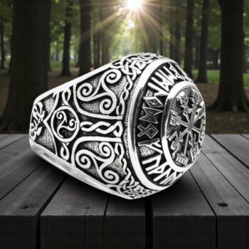 Anillo Vikingo Vegvisir Y Runas Plata 1,8 Cm 23 Gr Art 1063