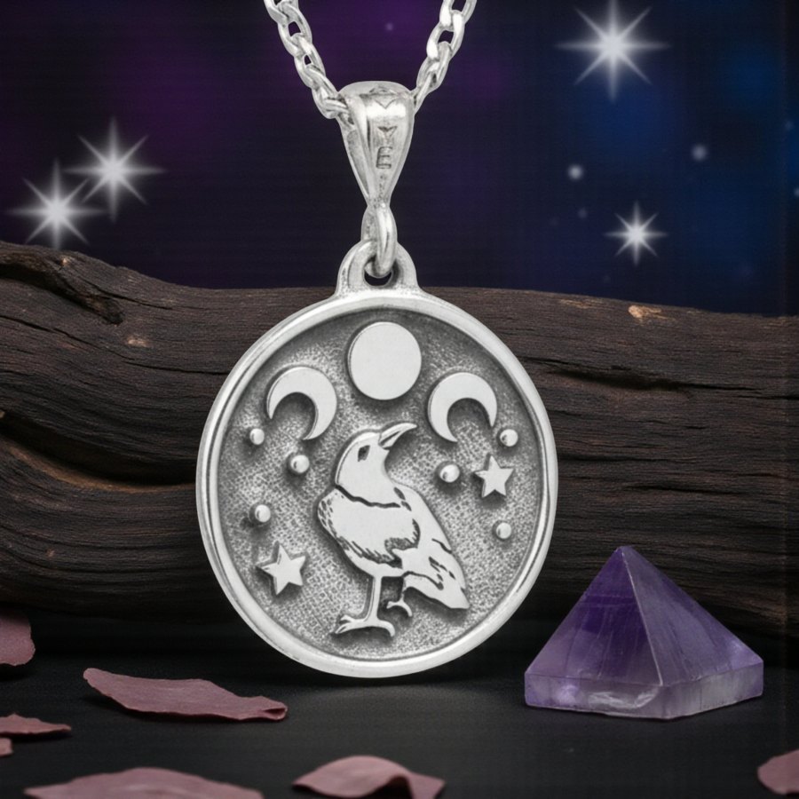 Medalla Wicca Cuervos Y Triple Diosa En Plata 2,5 Cm Art 139