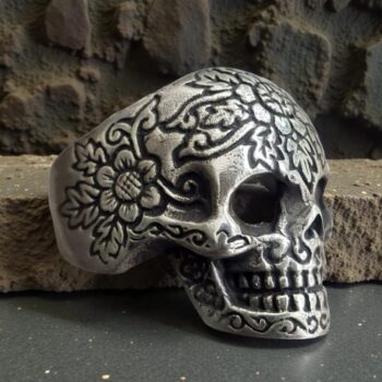 Anillo Calavera De Plata Flores 2,5 X 1,5 Cm 11 Gr Art 334