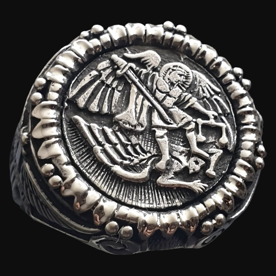Anillo Arcángel Miguel con Espada Plata 925 (1,9 cm – 15 gr) Talismán con la Imagen del Guerrero Celestial - Imagen 2