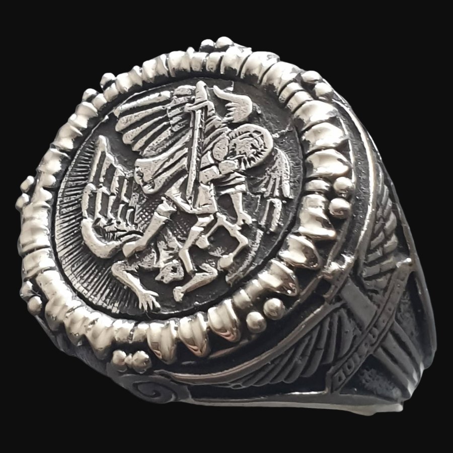 Anillo Arcángel Miguel con Espada Plata 925 (1,9 cm – 15 gr) Talismán con la Imagen del Guerrero Celestial - Imagen 3