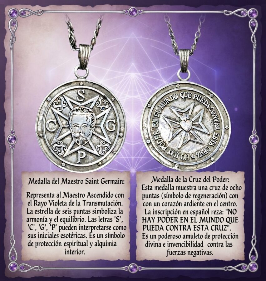 Dije Maestro Saint Germain Plata 925 (5 x 4 cm – 14 gr) Cara de Saint Germain y Cruz de Malta con Llama Trina - Imagen 4