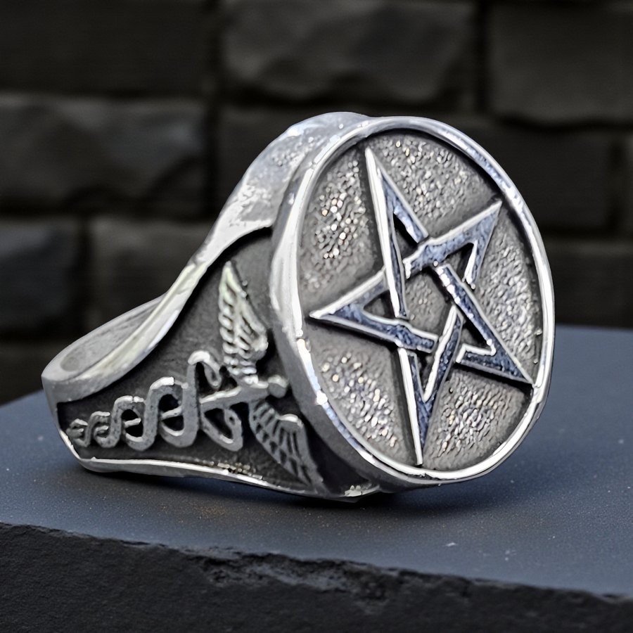 Anillo Pentaculo Con Caduceo En Plata 1,8 Cm 13 Gr Art 1617