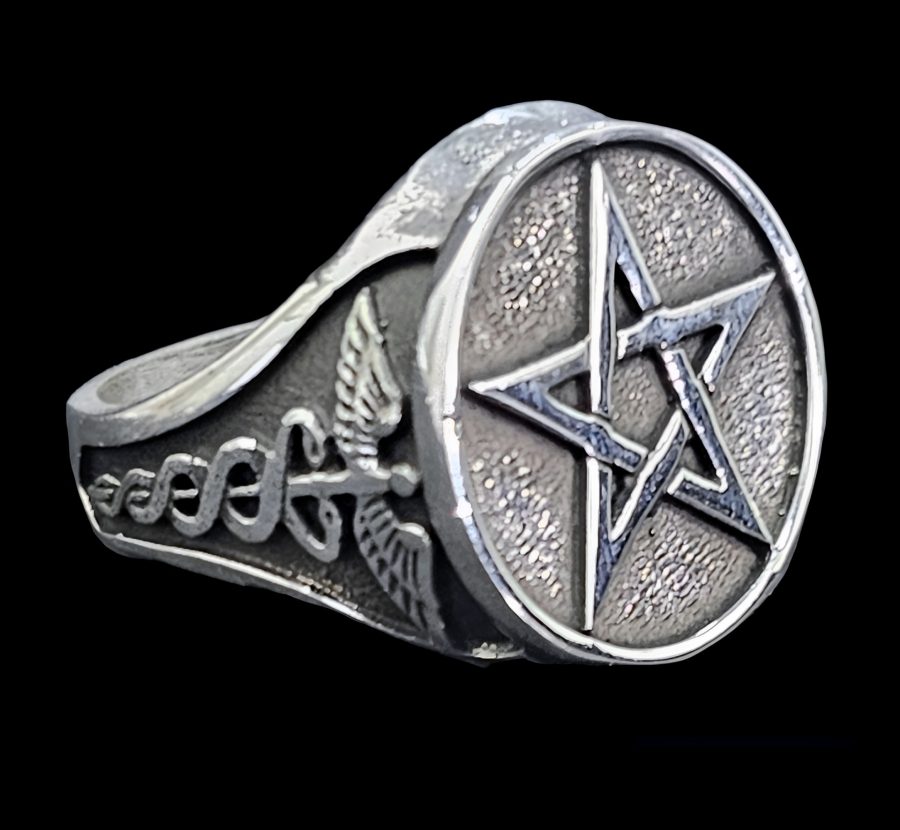 Anillo Pentaculo Con Caduceo En Plata 1,8 Cm 13 Gr Art 1617 - Imagen 7