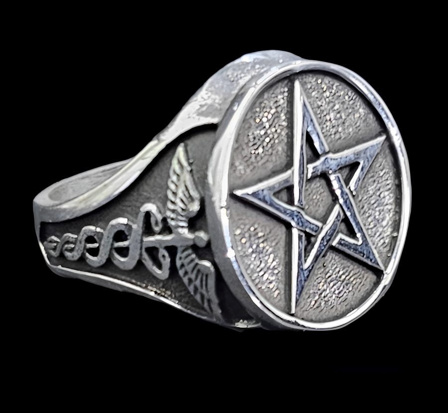Anillo Pentaculo Con Caduceo En Plata 1,8 Cm 13 Gr Art 1617 - Imagen 8