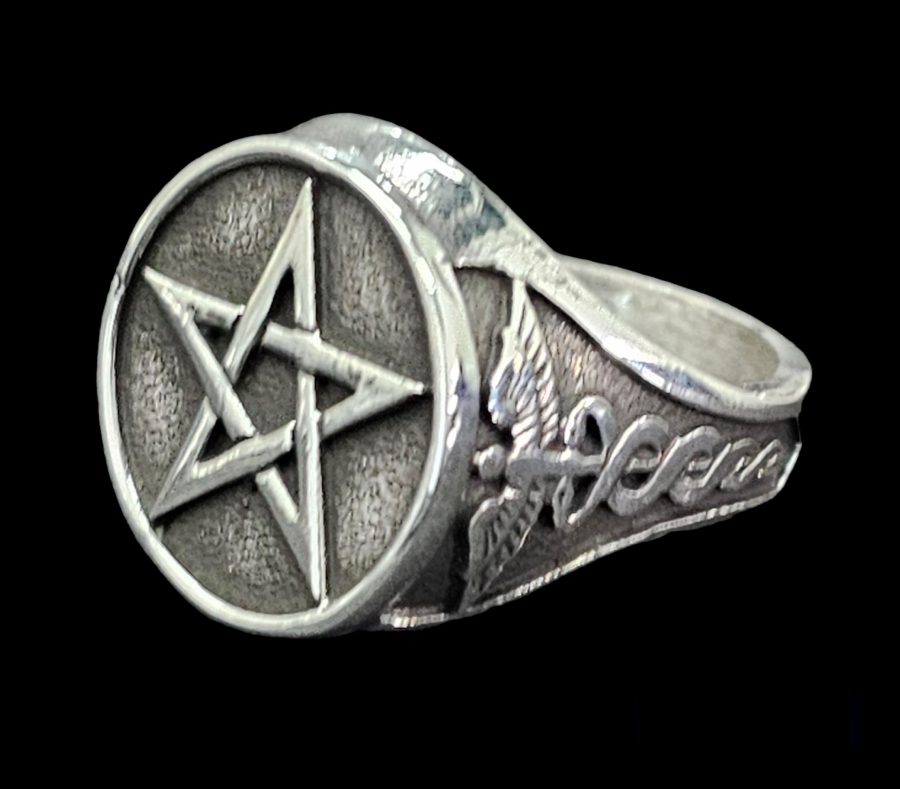 Anillo Pentaculo Con Caduceo En Plata 1,8 Cm 13 Gr Art 1617 - Imagen 6