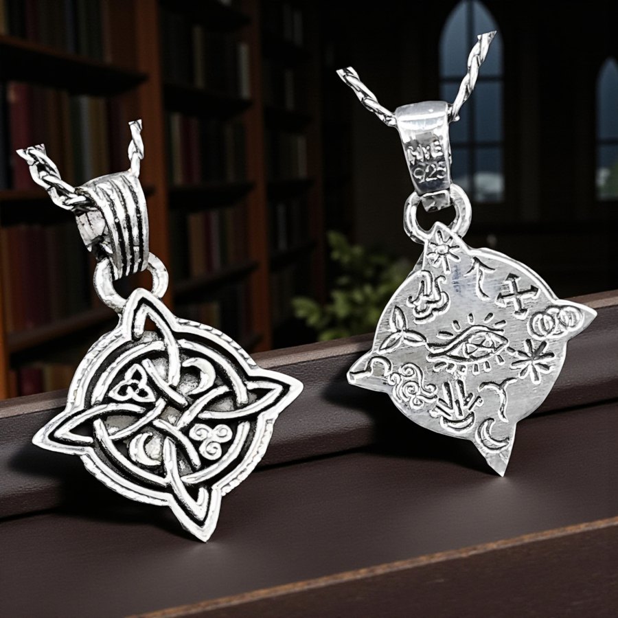 Dije Nudo y 13 Runas de Bruja en Plata 925 (2,5 cm – 8 gr) Amuleto Doble de Protección y Sabiduría